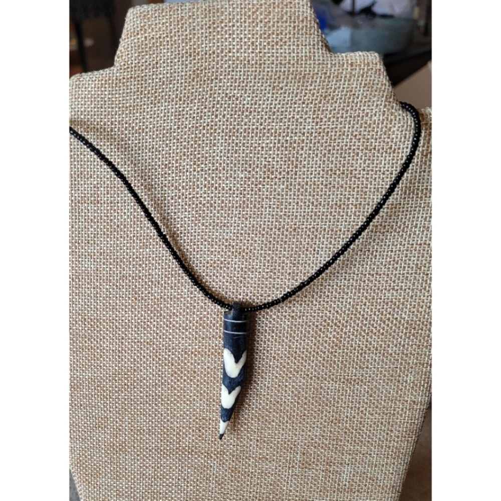 Tribal Faux Shark Tooth Inlaid Bone Hand Beaded Brown 14" Necklace
